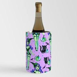 Cute Vintage Inspired Pinup Witch on Purple Wine Chiller
