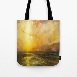 Golden Sunset and Sky over a Troubled Sea landscape painting by Thomas Moran Tote Bag