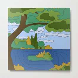 River Landscape Metal Print | Graphicdesign, Green, Bush, Texture, Sunny, Trees, Cloud, Blue, Minimal, Abstract 