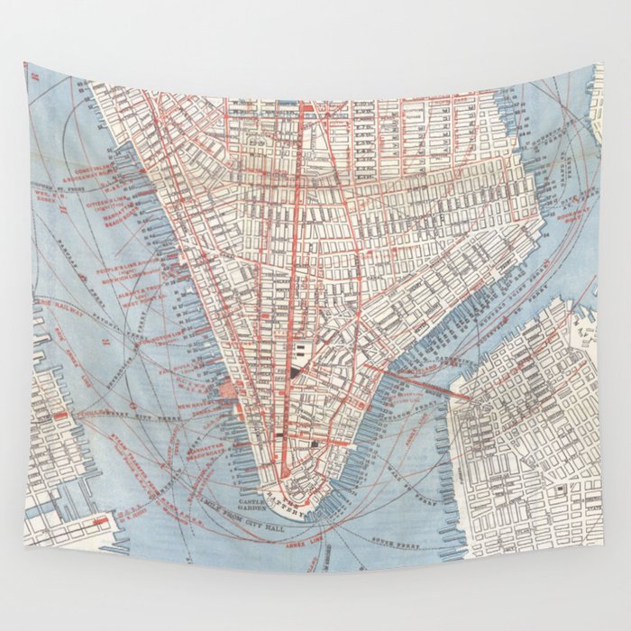 Vintage Map of Lower Manhattan (1879) Wall Tapestry by BravuraMedia 