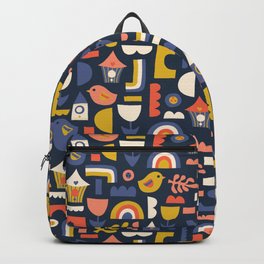 Kids Birds And Rainbows Scandinavian Design Backpack | Geometric, Curated, Rainbow, Baby, Pattern, Yellow, White, Children, Cute, House 