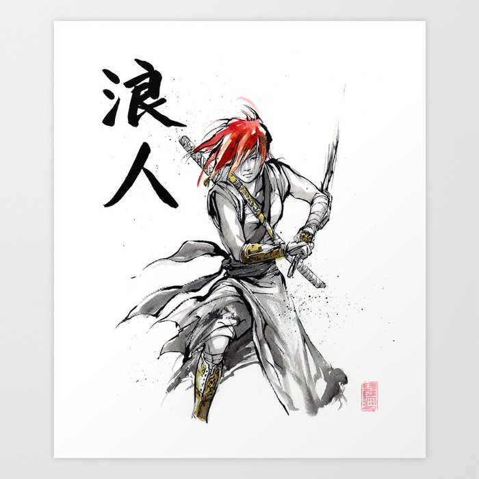Samurai Girl Red Haired Ronin with calligraphy Art Print by mycks | Society6