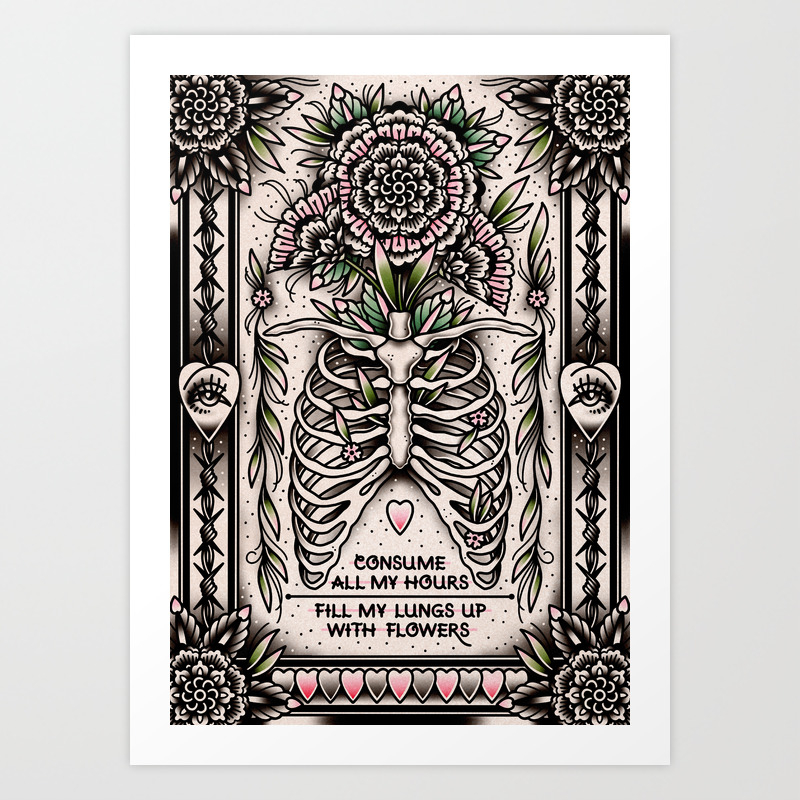 Fill Up My Lungs Rib Cage and Flowers Cute Traditional Tattoo Flash Style  Print by Ella Mobbs Creep Heart Art Print by Ella Mobbs | Society6