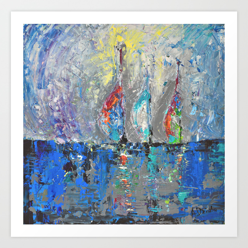 Three Sailboats Abstract Acrylic Painting Sea Landscape Blue