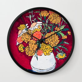 Marigold, Daisy and Wildflower Bouquet Fall Floral Still Life Painting on Eggplant Purple Wall Clock