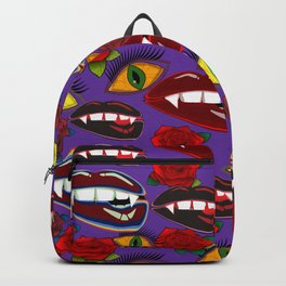 Creepy Girlish Pattern Backpack | Face, Pattern, Eyes, Roses, Feminine, Abstract, Pop Art, Violet, Vampireteeth, Kids 
