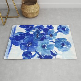 blue stillife Rug | Street Art, Bouquet, Pop Art, Illustration, Painting, Poppies, Cold, Anemone, Watercolor, Pattern 